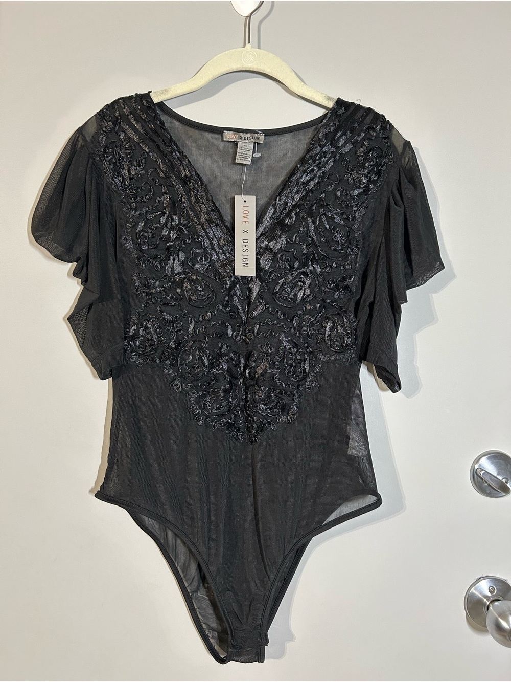 Black Sheer Bodysuit V-Neck Ribbon Embellished  ballet core fairy dark romantic